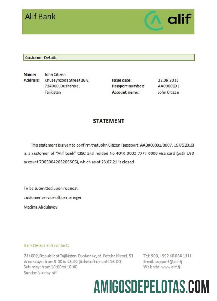 Referência de fechamento do Tajiquistão Alif Bank amostra